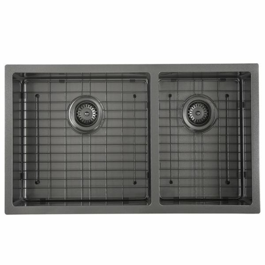 * Discount Store Ancona Undermount 32-In X 18-In Black Double Offset Bowl Customizable Hole Kitchen Sink | Kitchen Sinks