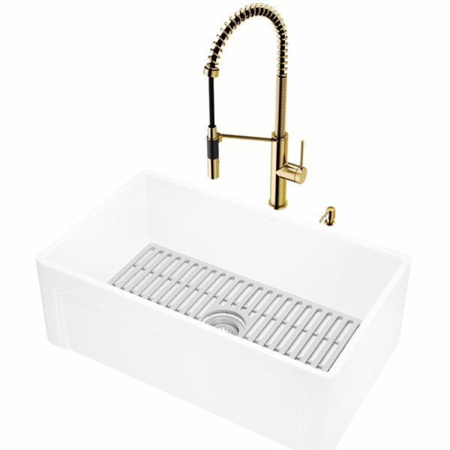 * Vigo Matte Stone 30-In Single Bowl Kitchen Sink With Livingston Faucet In Matte Gold Outlet Sale | Kitchen Sinks