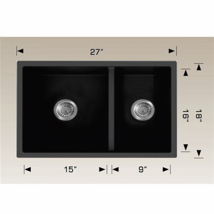 * American Imaginations Undermount 18-In X 27-In Black Composite Granite Double Offset Bowl Kitchen Sink Classical | Kitchen Sinks