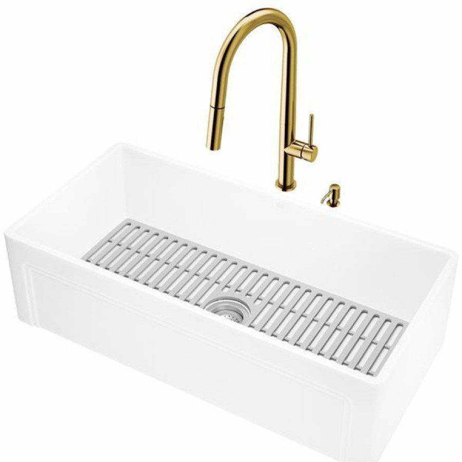 * Vigo Matte Stone 36-In Single Bowl Kitchen Sink With Greenwich Faucet In Matte Gold Outlet Sale | Kitchen Sinks