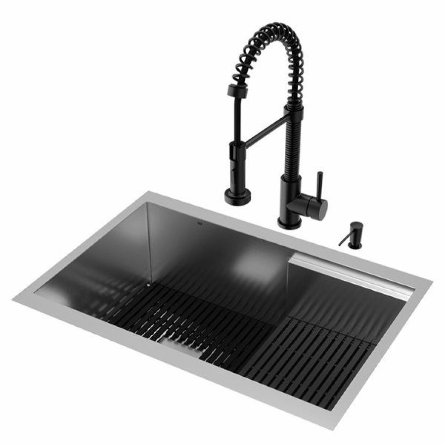 * Reliable Quality Vigo Hampton 28-In Stainless Steel Sink With Edison Faucet And Soap Dispenser In Matte Black | Kitchen Sinks