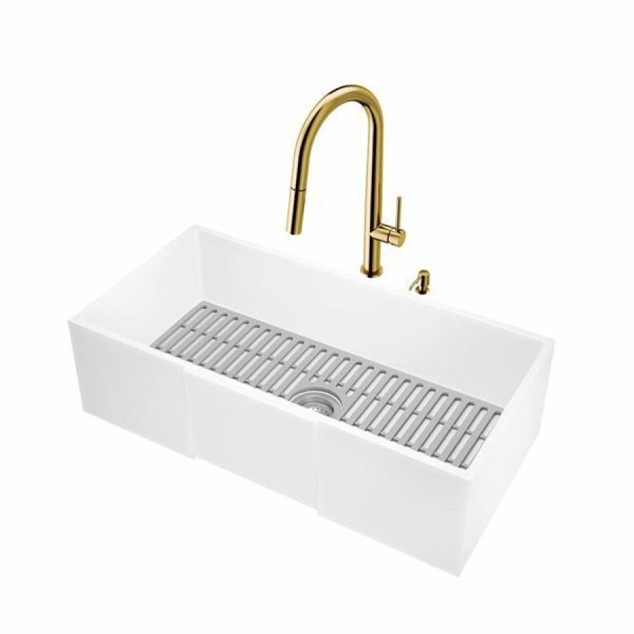 * Vigo Matte Stone Apron Front 36-In Single Bowl Kitchen Sink With Matte Gold Faucet Cheap | Kitchen Sinks