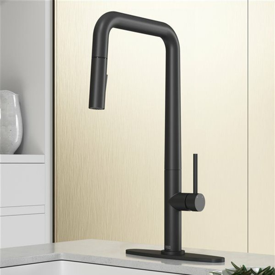 * Outlet Vigo Parsons Matte Black 1-Handle Deck Mount Pull-Down Handle/Lever Commercial/Residential Kitchen Faucet (Deck Plate Included) | Kitchen Faucets