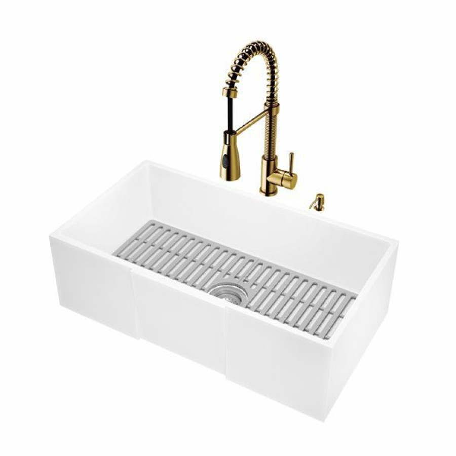 * Vigo Matte Stone Apron Front 33-In Single Bowl Kitchen Sink With Matte Gold Faucet Top Sellers | Kitchen Sinks