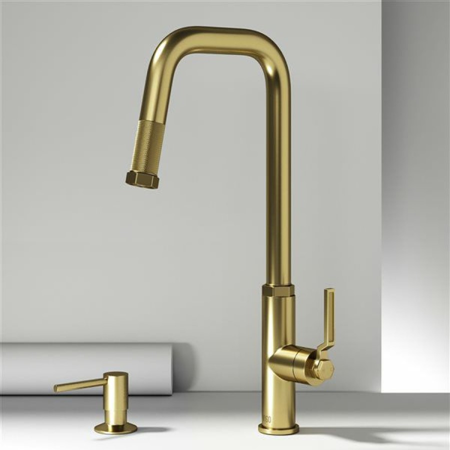 * Vigo Hart Brushed-Gold Angular Single-Handle Kitchen Faucet With Soap Dispenser Exactly Discount | Kitchen Faucets