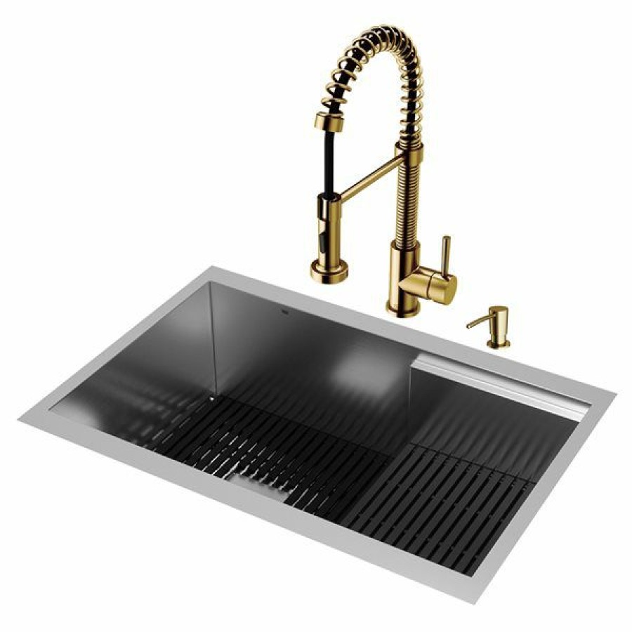 * Vigo Hampton 28-In Stainless Steel Sink With Edison Faucet And Soap Dispenser In Matte Brushed Gold Classical | Kitchen Sinks