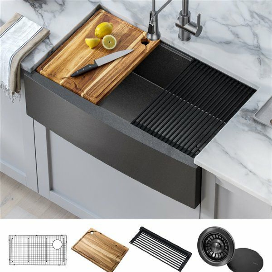 * Kraus Apron Front Single Bowl Sink With Accessories 33-In Gunmetal Exactly Discount | Kitchen Sinks