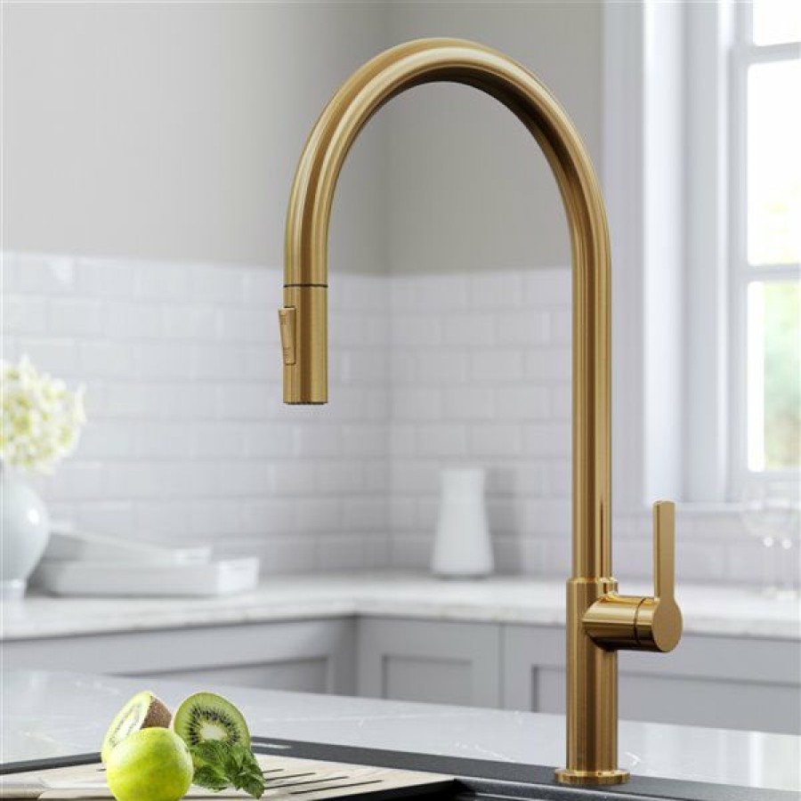 * Kraus Oletto High-Arc Single Handle Pull-Down Kitchen Faucet Brushed Brass Cheap | Kitchen Faucets