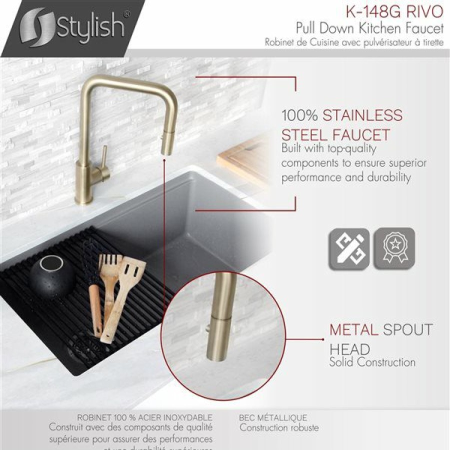 * Excellent Stylish Rivo Brushed Gold 1-Handle Deck Mount High-Arc Handle/Lever Commercial/Residential Kitchen Faucet | Kitchen Faucets