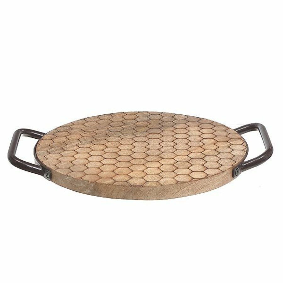 * Fire Sale Ih Casa Decor Mango Wood Honeycomb Round Tray With Handles | Kitchenware