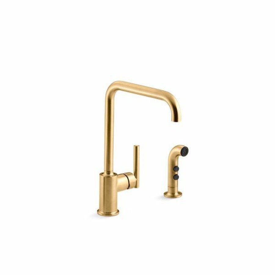 * Kohler Purist Brass Two-Hole Kitchen Sink Faucet With 8-In Spout And Matching Finish Sidespray Online Sale | Kitchen Faucets