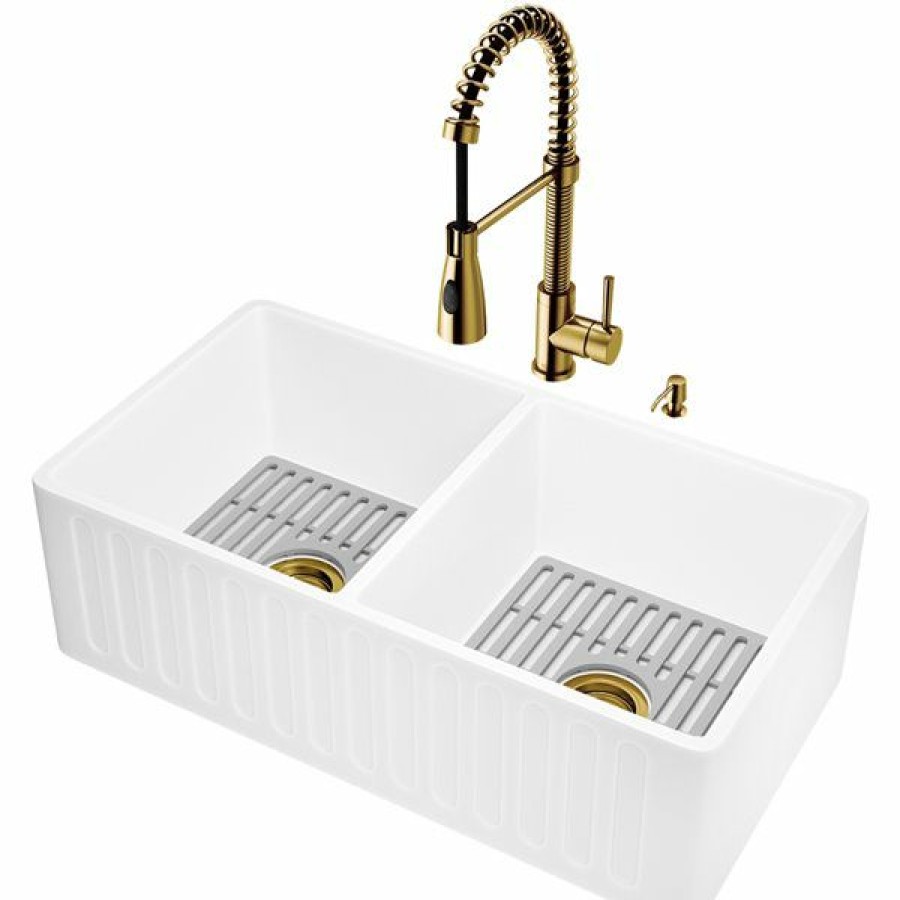 * Vigo Matte Stone Double Equal Bowl Undermount Apron Front/Farmhouse All-In-One Kit Kitchen Sink, 39-In X 14-In, Matte White Classical | Kitchen Sinks