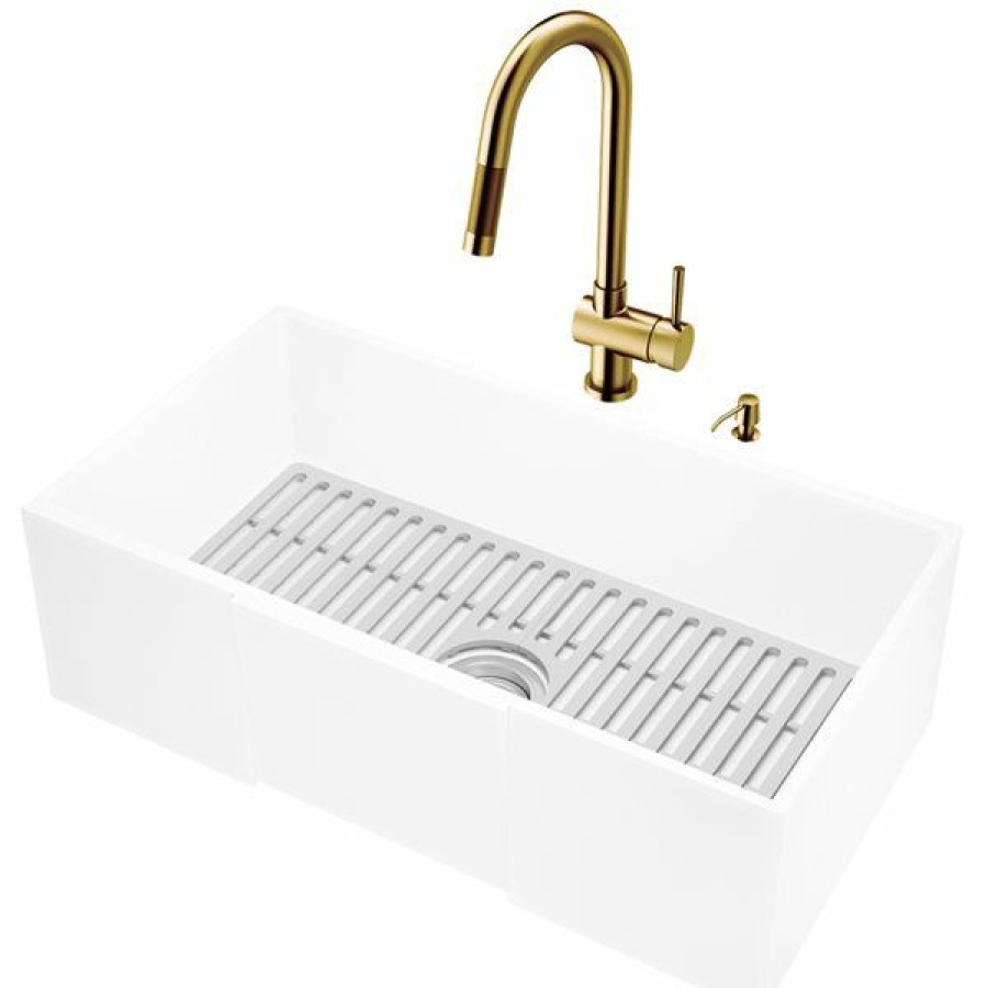 * Vigo Matte Stone 30-In Single Bowl Kitchen Sink With Gramercy Faucet In Matte Gold Discounts | Kitchen Sinks