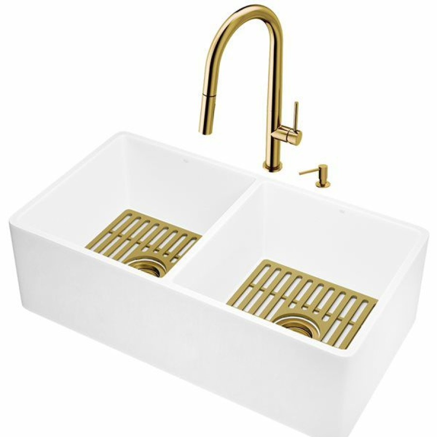 * Vigo Matte Stone 36-In White Composite Double-Bowl Kitchen Sink With Faucet And Soap Dispenser Classical | Kitchen Sinks