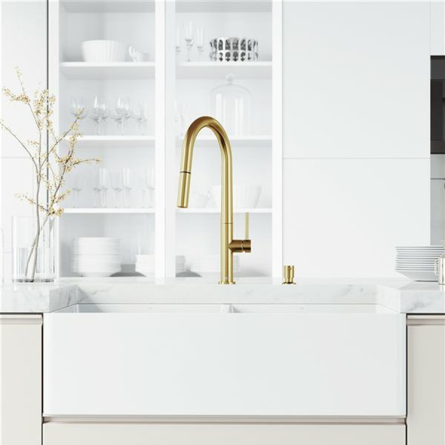 * Vigo Matte Stone 36-In White Composite Double-Bowl Kitchen Sink With Faucet And Soap Dispenser Classical | Kitchen Sinks