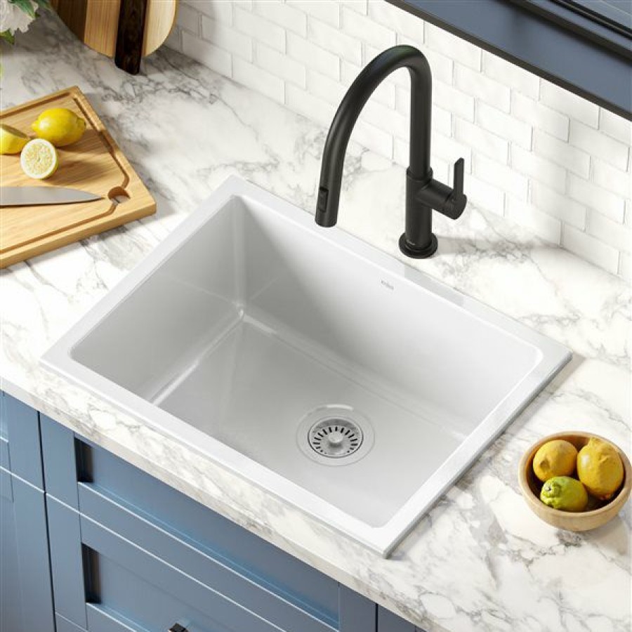 * Kraus Drop-In Undermount Fireclay Sink In Gloss 24-In White Cheap | Kitchen Sinks