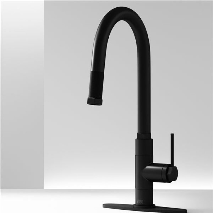 * Vigo Hart Matte-Black Arched Single-Handle Kitchen Faucet With Deck Plate Online Sale | Kitchen Faucets