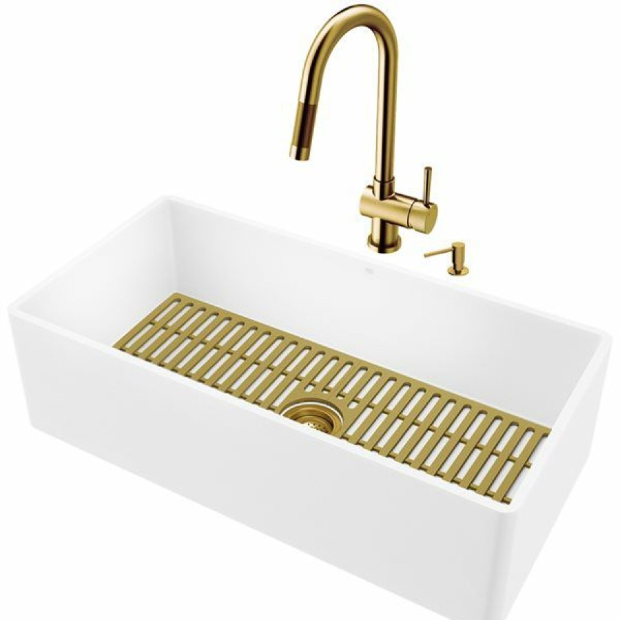 * Vigo Matte Stone 36-In White Single-Bowl Kitchen Sink With Brushed-Gold Faucet And Soap Dispenser Clearance | Kitchen Sinks