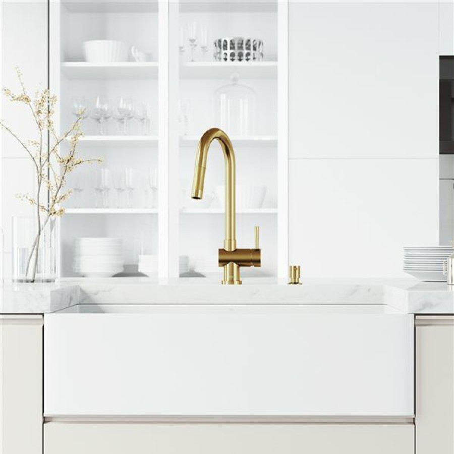 * Vigo Matte Stone 36-In White Single-Bowl Kitchen Sink With Brushed-Gold Faucet And Soap Dispenser Clearance | Kitchen Sinks