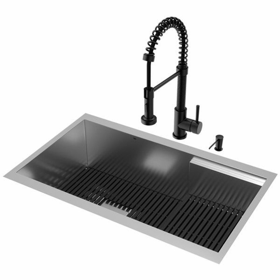 * Exclusive Design Vigo Hampton 32-In Stainless Steel Sink With Edison Faucet And Soap Dispenser In Matte Black | Kitchen Sinks