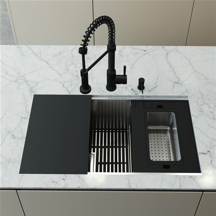 * Exclusive Design Vigo Hampton 32-In Stainless Steel Sink With Edison Faucet And Soap Dispenser In Matte Black | Kitchen Sinks