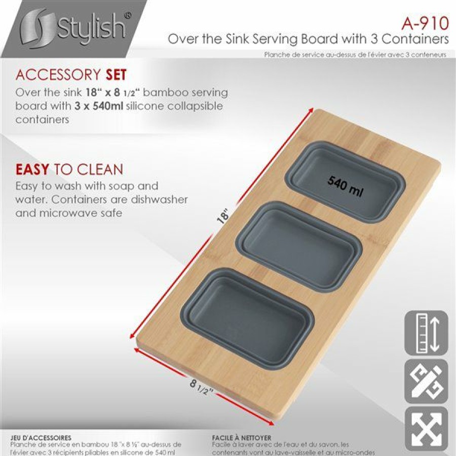 * Top Sell Stylish Bambooworkstation Sink Divided Serving Board With 3 Collapsible Containers 18-In X 8.5-In | Kitchenware