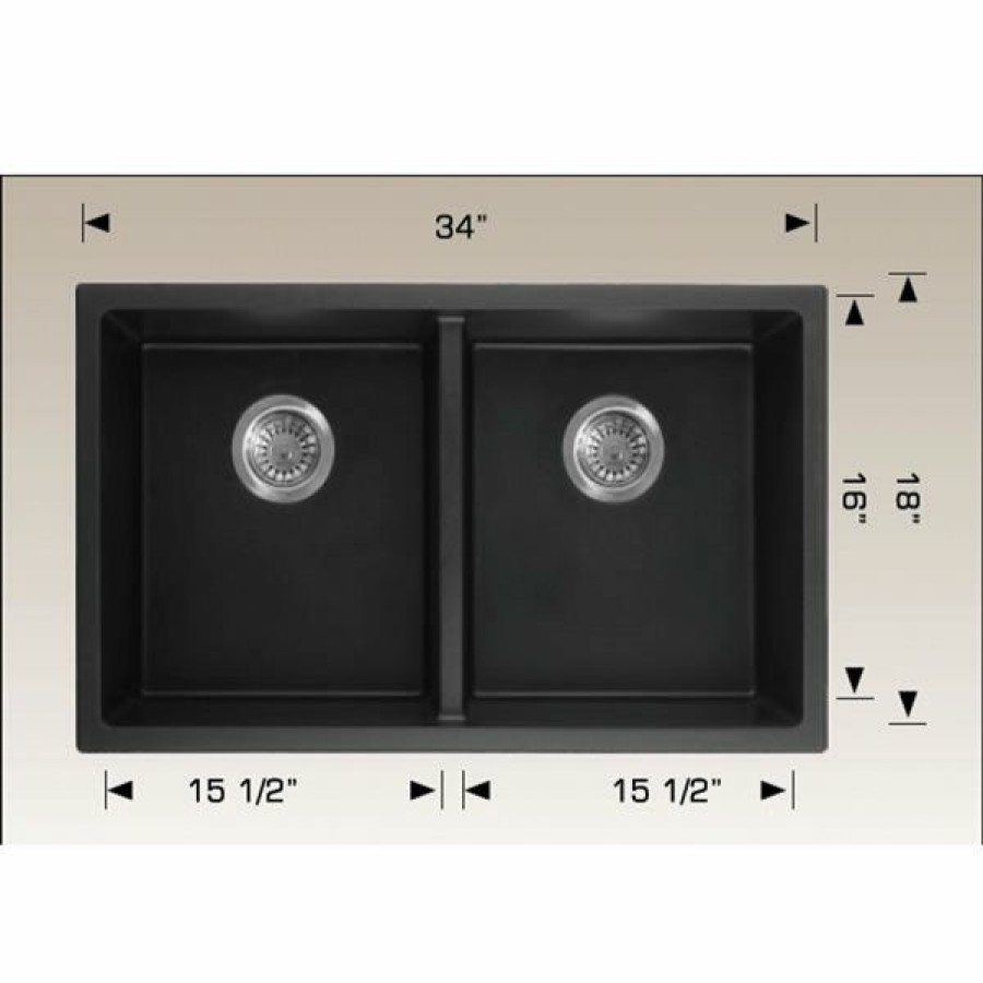 * Reliable Quality American Imaginations Undermount 18-In X 34-In Black Composite Granite Double Equal Bowl Kitchen Sink | Kitchen Sinks