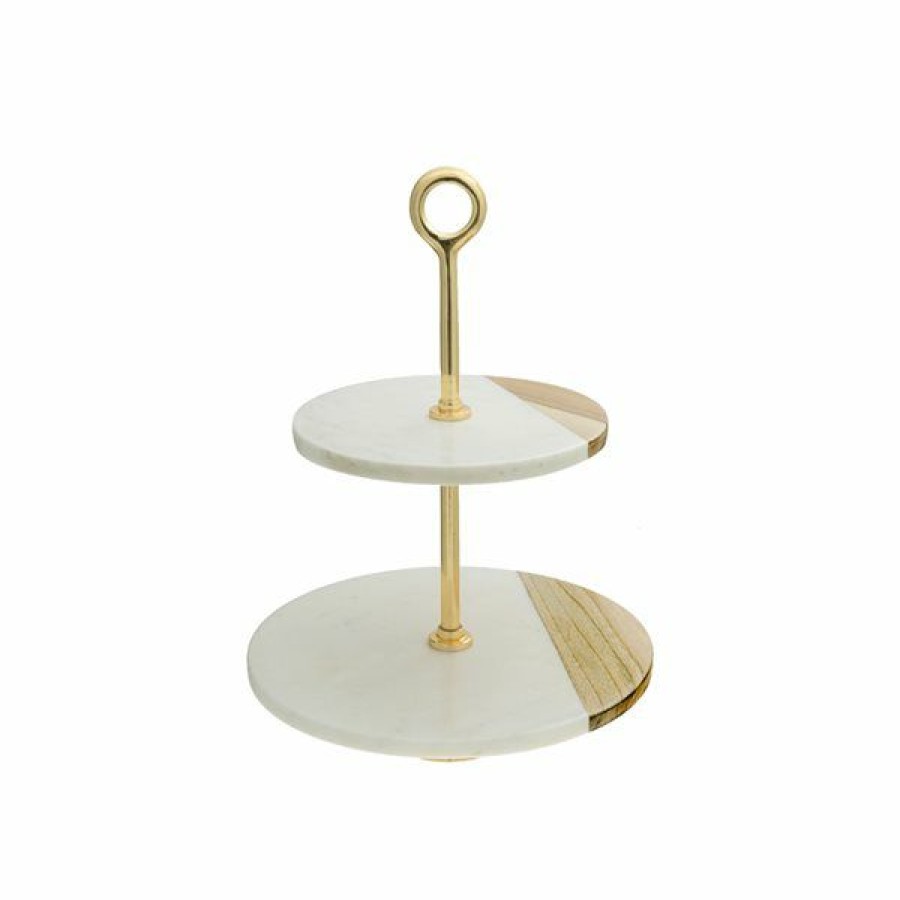 * Ih Casa Decor White Marble And Wood 2-Tier Cake Stand Outlet Sale | Kitchenware