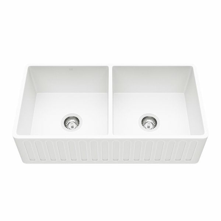 * Vigo Matte Stone Double Equal Bowl Undermount Apron Front/Farmhouse All-In-One Kit Kitchen Sink, 41-In X 24-In, Matte White Outlet Sale | Kitchen Sinks