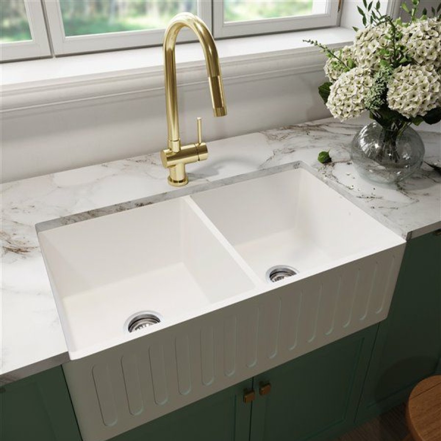 * Vigo Matte Stone Double Equal Bowl Undermount Apron Front/Farmhouse All-In-One Kit Kitchen Sink, 41-In X 24-In, Matte White Outlet Sale | Kitchen Sinks