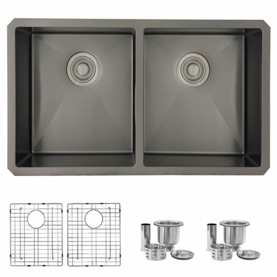 * Shop Stylish 32 Inch Graphite Black Double Bowl Undermount Stainless Steel Kitchen Sink With Grids And Basket Strainers | Kitchen Sinks