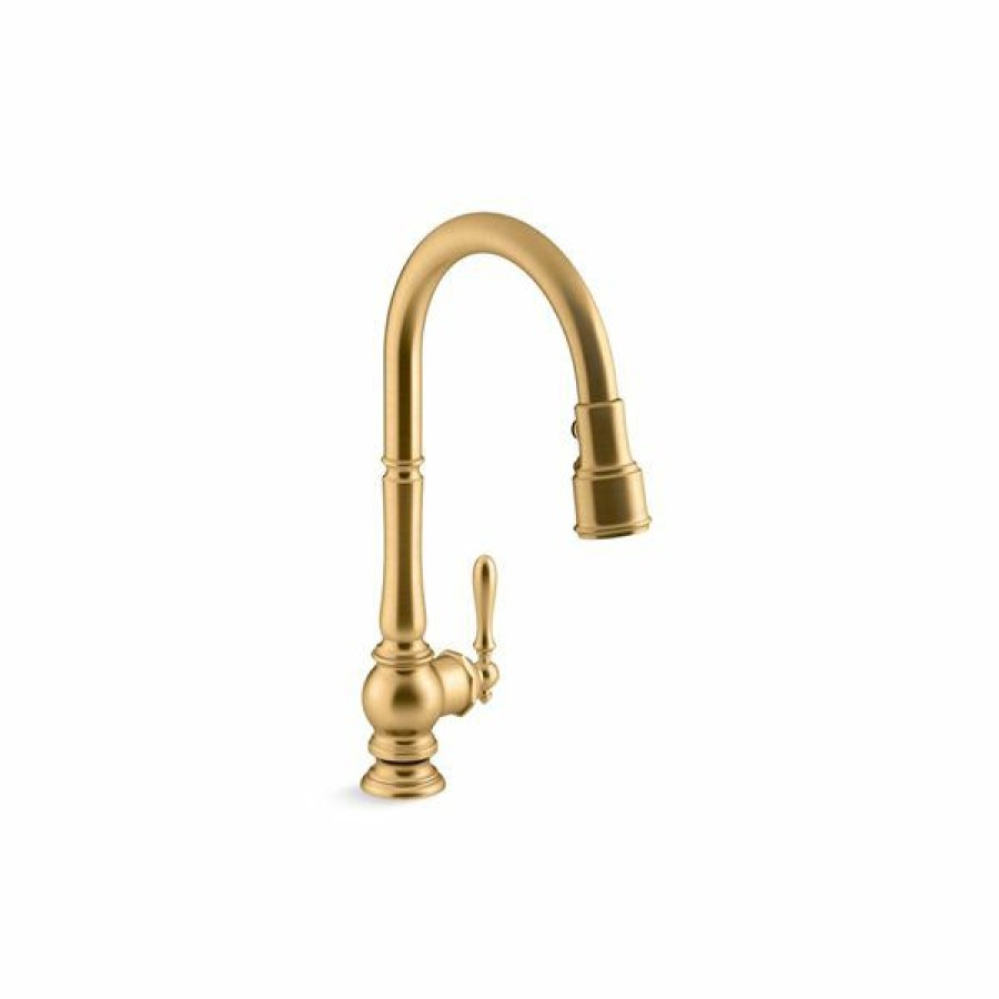 * Kohler Artifacts Vibrant Brushed Modern Brass Single-Hole Kitchen Faucet With Pull-Down Spout And Turned Lever Handle Outlet Sale | Kitchen Faucets