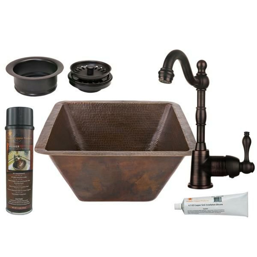 * Premier Copper Products Square Copper Sink With Faucet And Disposal Drain 17-In Sale Online | Kitchen Sinks