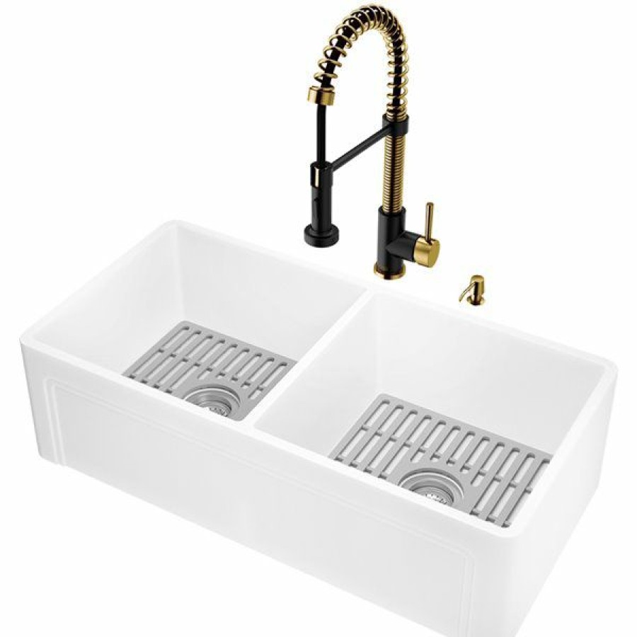 * Vigo Matte Stone Double Equal Bowl All-In-One Kit Kitchen Sink, 38-In X 14-In, Matte White Limit Offer | Kitchen Sinks