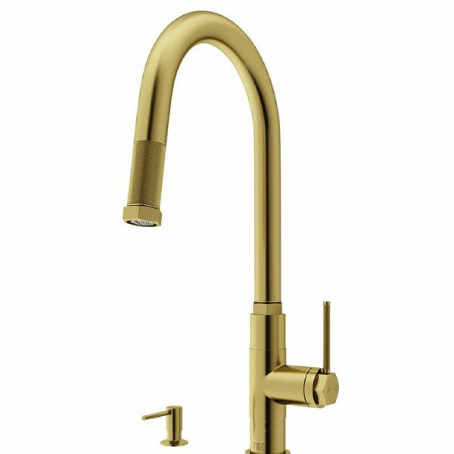 * Vigo Hart Brushed-Gold Arched Single-Handle Kitchen Faucet With Soap Dispenser Less Expensive | Kitchen Faucets