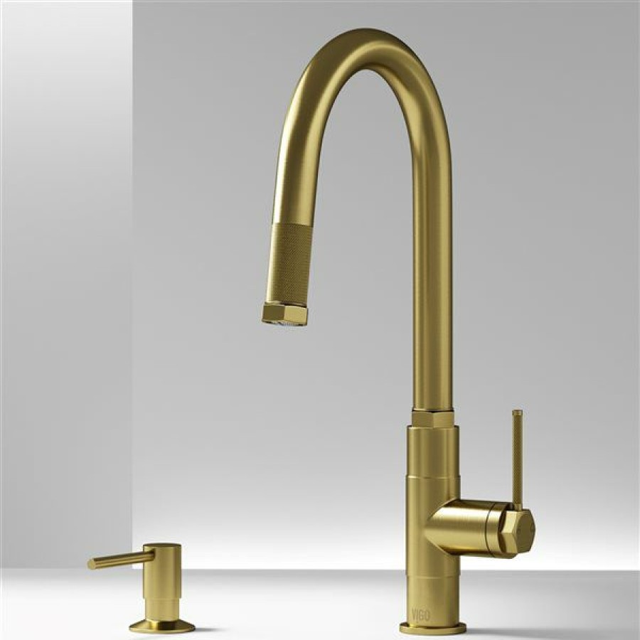 * Vigo Hart Brushed-Gold Arched Single-Handle Kitchen Faucet With Soap Dispenser Less Expensive | Kitchen Faucets