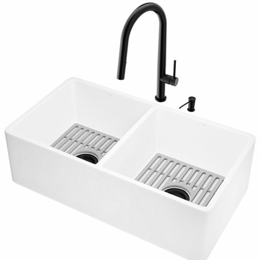 * Vigo Matte Stone Double Equal Bowl Undermount Apron Front/Farmhouse All-In-One Kit Kitchen Sink, 38-In X 14-In, Matte White Exclusive | Kitchen Sinks